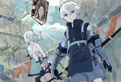  1boy 1girl blue_sky book clouds commentary_request floating floating_book floating_object grimoire_weiss hair_between_eyes hair_rings highres holding holding_sword holding_weapon kaine_(nier) lingerie looking_at_viewer nier nier_(brother) nier_(brother)_(pre_timeskip) nier_(series) nutori_manga outdoors single_hair_ring sky sword underwear weapon white_hair 