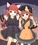  2girls animal_ear_fluff animal_ears bangs blunt_bangs brown_hair cat_ears chen claw_pose dress earrings fang feet_out_of_frame friends gao halloween hands_up hat hidanomura highres jewelry kaenbyou_rin leg_ribbon light_blush looking_at_viewer mob_cap multiple_girls multiple_tails nekomata redhead ribbon single_earring tabard tail touhou two_tails 