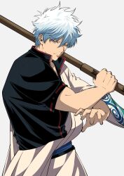 1boy black_shirt blue_hair closed_mouth collarbone fighting_stance gintama hadanugi_dousa half-closed_eyes highres holding holding_sword holding_weapon japanese_clothes kimono looking_at_viewer male_focus messy_hair popped_collar red_eyes sakata_gintoki shirt short_hair simple_background solo sword upper_body weapon white_background white_kimono yubi_nui21 