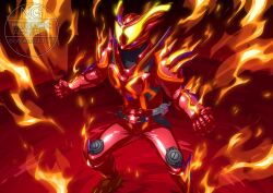 1boy absurdres armor bodysuit clenched_hands fighting_stance fire full_body gloves glowing glowing_eyes gochizo helmet henshin_belt_gavv highres kamen_rider kamen_rider_gavv kamen_rider_gavv_(series) looking_at_viewer male_focus otokamu pyrokinesis red_armor red_bodysuit rider_belt solo tokusatsu yellow_eyes