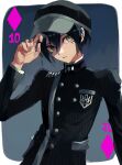  1boy ahoge bangs black_hair black_headwear black_jacket border breast_pocket brown_eyes buttons danganronpa_(series) danganronpa_v3:_killing_harmony deki_(dekiebi) double-breasted gradient gradient_background hair_between_eyes highres jacket long_sleeves male_focus parted_lips pocket saihara_shuuichi short_hair solo striped striped_jacket teeth white_border 