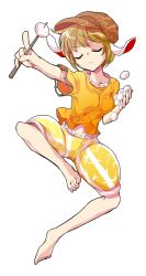  1girl alphes_(style) animal_ears barefoot blonde_hair closed_eyes commentary_request dairi dango flat_cap floppy_ears food full_body hair_between_eyes hat holding holding_food large_variant_set midriff navel orange_shirt outstretched_arm parody pointing rabbit_ears ringo_(touhou) shirt short_hair short_sleeves shorts skewer solo style_parody tachi-e touhou transparent_background variant_set wagashi yellow_shirt 