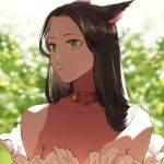  1girl animal_ears backlighting bare_shoulders black_hair blurry blurry_background breasts cat_ears closed_mouth collarbone dark-skinned_female dark_skin day depth_of_field dmuyaa eyelashes final_fantasy final_fantasy_xiv forehead forehead_jewel frills green_eyes hair_flaps hair_flowing_over jewelry long_hair looking_at_viewer looking_away looking_to_the_side miqo&#039;te necklace solo strapless upper_body 