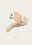  absurdres beak branch brown_eyes character_name closed_mouth commentary_request grey_background highres leaf mokuzou_(moku_ssbu) no_humans pokemon pokemon_(creature) rowlet solo standing 