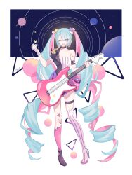  1girl absurdly_long_hair absurdres aqua_eyes aqua_hair arm_belt asymmetrical_footwear asymmetrical_legwear belt belt_buckle belt_collar black_belt black_boots black_jacket boots bow buckle buttons cheryl_qaq collar collarbone collared_jacket colored_inner_hair drill_hair electric_guitar epaulettes full_body gloves guitar hair_bow hair_ornament half-jacket happy hatsune_miku high_heel_boots high_heels highres holding holding_guitar holding_instrument instrument jacket kneehighs lapels leg_tattoo light_blush long_hair looking_at_viewer miniskirt mismatched_footwear mismatched_legwear multicolored_hair multiple_belts notched_lapels object_floating_above_hand one_eye_closed open_mouth pink_bow pink_hair pink_socks planet pleated_skirt puffy_short_sleeves puffy_sleeves purple_skirt short_sleeves shoulder_tattoo single_epaulette single_glove single_kneehigh single_sock single_thigh_boot skirt smile socks solo space standing star_(symbol) star_hair_ornament stiletto_heels strapless striped_clothes striped_footwear striped_gloves tattoo thigh_belt thigh_boots thigh_strap tube_top twin_drills twintails two-tone_hair vertical-striped_clothes vertical-striped_footwear vertical-striped_gloves vertical-striped_tube_top very_long_hair vocaloid white_background white_boots white_gloves white_tube_top 