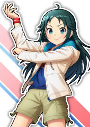  1girl ahoge blue_eyes blue_shirt blush closed_mouth commentary_request cowboy_shot eyelashes green_hair hand_up highres hood hood_down hooded_jacket idolmaster idolmaster_cinderella_girls jacket long_hair long_sleeves nanjo_hikaru open_clothes open_jacket outline shirt shorts smile solo taba_neruko v-shaped_eyebrows white_jacket white_outline 