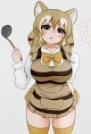  1girl absurdres animal_ears apron blonde_hair blush bow bowtie brown_eyes collared_shirt empty_eyes extra_ears eyebrows_visible_through_hair hair_between_eyes highres holding holding_ladle kemono_friends ladle leaning_forward long_sleeves looking_at_viewer multicolored_hair open_mouth shimosami shirt short_hair striped striped_apron thigh-highs thylacine_(kemono_friends) translation_request white_hair white_shirt 