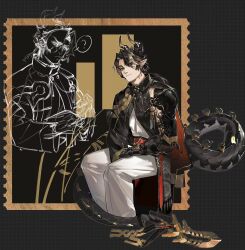  1boy arknights black_hair black_horns black_jacket chongyue_(arknights) closed_mouth dragon_tail full_body gauntlets highres horns invisible_chair jacket laland looking_at_viewer male_focus multiple_views pants pointy_ears short_hair sitting solo tail white_pants 