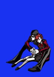  1boy 1girl aragaki_shinjirou beanie black_eyes black_hat black_shirt black_skirt blue_background bow bowtie brown_hair closed_mouth coat commentary evoker full_body gekkoukan_high_school_uniform gift_art hair_ornament hairclip hat hetero highres holding interlocked_fingers kneehighs korean_commentary long_hair long_sleeves mun5649 own_hands_together persona persona_3 persona_3_portable red_bow red_bowtie red_coat red_eyes school_uniform shiomi_kotone shirt short_hair simple_background sitting skirt socks white_socks 