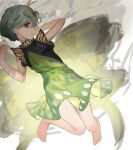  1girl antennae aqua_hair bare_legs barefoot brown_eyes butterfly_wings closed_mouth dress eternity_larva eyebrows_visible_through_hair fairy green_dress hair_between_eyes highres leaf leaf_on_head motsuba multicolored_clothes multicolored_dress short_hair single_strap smile solo touhou unfinished wings 