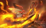  blaziken blue_eyes blurry character_name claws closed_mouth colored_sclera commentary_request copyright_name fire frown looking_at_viewer nanami_lusia pokemon pokemon_(creature) solo yellow_sclera 