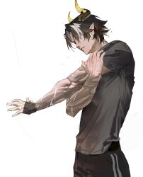 1boy absurdres arknights black_hair black_shirt chongyue_(arknights) closed_mouth cowboy_shot hair_intakes hand_on_own_shoulder highres looking_ahead lyooo_6 male_focus multicolored_hair pointy_ears red_eyes scar scar_on_arm shirt short_hair short_sleeves simple_background solo standing streaked_hair stretching t-shirt white_background white_hair 