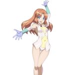  1girl :d absurdres armpits bare_legs blue_eyes blue_gloves breasts brown_hair chuunioniika covered_navel floating_hair gloves hair_intakes highres leotard long_hair looking_at_viewer senki_zesshou_symphogear serena_cadenzavna_eve shiny shiny_hair shiny_skin small_breasts smile solo standing straight_hair thigh_gap transparent_background two-tone_leotard white_leotard yellow_leotard 