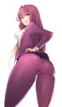 1girl ass back breasts business_suit fate/grand_order fate_(series) formal hair_intakes highres hometa impossible_pants long_hair long_sleeves looking_at_viewer looking_back medium_breasts pantylines purple_hair red_eyes scathach_(fate) simple_background smile solo suit trefoil very_long_hair white_background 