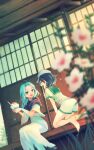  2girls :d ahoge aqua_hair bangs barefoot blue_eyes blue_hair blue_hood blurry blurry_foreground blush bowl closed_eyes commentary_request dress efxc eyelashes flower food hat hood hood_down ice_cream index_finger_raised kneeling kumoi_ichirin leaf long_hair looking_at_another multiple_girls murasa_minamitsu nun open_mouth pink_flower sailor_hat short_hair short_shorts short_sleeves shorts shouji sidelocks sitting sliding_doors smile spoon sweatdrop touhou white_dress white_headwear white_shorts wide_sleeves wooden_floor 