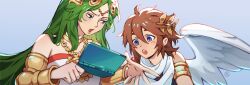 1boy 1girl 3ds 4a4k4a angel angel_wings blue_background blue_eyes brown_hair chain circlet derivative_work gold_chain handheld_game_console highres holding holding_handheld_game_console kid_icarus kid_icarus_uprising laurel_crown looking_at_another nintendo_3ds open_mouth palutena pit_(kid_icarus) wings