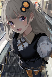  1girl :d black_dress blush braid breasts brown_pantyhose collared_shirt commentary_request dress dress_shirt escalator grey_hair hair_ornament highres indoors kizuna_akari lamb_(hitsujiniku) long_hair looking_at_viewer low_twintails medium_breasts notice_lines pantyhose puffy_short_sleeves puffy_sleeves shirt short_sleeves sleeveless sleeveless_dress smile solo striped_clothes striped_pantyhose twin_braids twintails upper_body vertical-striped_clothes vertical-striped_pantyhose very_long_hair violet_eyes voiceroid white_shirt 