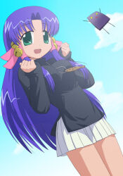  1girl 2000s_(style) aoba_kozue archived_source bad_source bell black_sleeves black_sweater blue_background blue_sky blush breasts casual clenched_hands clouds collared_sweater cowboy_shot curtained_hair day dot_nose dutch_angle fish_necklace green_eyes hair_bell hair_intakes hair_ornament hair_tubes jewelry jingle_bell kojima_akira_(character) legs_together light_particles long_hair long_sidelocks looking_at_viewer mahoraba medium_breasts miniskirt nagian necklace open_mouth parted_bangs pink_ribbon pleated_skirt purple_hair ribbon side_slit sidelocks simple_background skirt sky sleeves_past_wrists smile straight_hair sunlight sweater triangle_mouth turtleneck turtleneck_sweater very_long_hair very_long_sidelocks white_skirt wispy_bangs yellow_eyes 