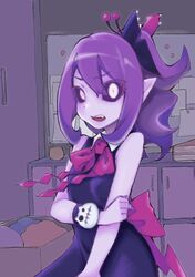  1girl black_sclera colored_sclera colored_skin demon_girl dress hair_ornament highres kukai long_hair looking_at_viewer musume_(yuunama) open_mouth pointy_ears purple_hair purple_skin sleeveless sleeveless_dress solo yuusha_no_kuse_ni_namaiki_da 