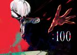  1boy bangs black_background black_bodysuit black_eyepatch bodysuit closed_mouth colored_skin commentary_request eyepatch grey_hair highres kaneki_ken kyuuba_melo long_sleeves male_focus official_style pale_skin profile red_background red_eyes red_skin short_hair sideways_glance tokyo_ghoul tokyo_ghoul:re upper_body white_hair 