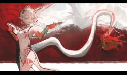  1girl arknights arm_tattoo bead_bracelet beads black_border boat body_markings border bracelet braid breasts china_dress chinese_clothes colored_extremities colored_skin cowboy_shot dragon dragon_girl dragon_horns dragon_tail dress eastern_dragon eastern_dragon_horns eastern_dragon_tail fangs finger_painting folded_fan folding_fan hair_bun hand_fan highleg highres holding holding_fan horns jewelry kotowaza letterboxed looking_at_viewer mandarin_collar medium_breasts mountain nian_(arknights) open_mouth pankou pink_eyes pointy_ears red_background red_dress red_horns red_ribbon red_skin red_tail ribbon ribbon_earrings shanghai_neckline short_hair side_braid side_slit sleeveless sleeveless_dress smile solo tail tattoo thigh_marking two-tone_dress two-tone_tail walking water watercraft white_background white_dragon white_dress white_hair white_tail 