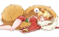  :3 ahoge animal_ears bell blonde_hair blush closed_eyes dreaming drooling eyelashes fang fox_ears fox_girl fox_tail green_sash highres hoshii_miki hugging_own_tail hugging_tail idolmaster idolmaster_(classic) idolmaster_million_live! idolmaster_million_live!_theater_days japanese_clothes jingle_bell kimono large_tail long_hair lying mouth_drool multiple_tails obi off_shoulder official_alternate_costume on_side open_mouth red_kimono sash sleeping smile speech_bubble suruga_tou tail thought_bubble tongue white_background wide_sleeves 