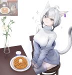  1girl :3 absurdres ahoge animal_ears avatar_(ffxiv) bangs braid breasts cat cat_ears cat_tail chair earrings eyebrows_visible_through_hair facial_mark fang final_fantasy final_fantasy_xiv flower food grey_eyes grey_hair highres jewelry looking_at_viewer medium_breasts mihato_senba miqo&#039;te multicolored_hair off_shoulder photo-referenced reference_inset short_hair sitting skin_fang slit_pupils solo table tail thigh-highs turtleneck twin_braids two-tone_hair vase waffle whisker_markings white_background 