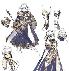  1girl ahoge armor armored_boots armored_dress boots breastplate closed_mouth commentary_request dress expressionless full_body hair_bun holding holding_polearm holding_shield holding_weapon lance looking_afar looking_at_viewer mil_(xration) multiple_views official_alternate_costume pauldrons polearm ragnarok_online royal_guard_(ragnarok_online) shield shirt short_hair shoulder_armor simple_background single_hair_bun sketch sleeveless sleeveless_shirt weapon white_background white_hair white_shirt 