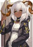  1girl absurdres animal_ears arknights bangs beeswax_(arknights) black_coat blush breasts closed_mouth coat collar dark-skinned_female dark_skin dress eyebrows_visible_through_hair goat_ears goat_girl goat_horns highres holding holding_staff hood hood_down horns infection_monitor_(arknights) long_sleeves looking_at_viewer obelisk open_clothes open_coat shiki44boku short_hair silver_hair small_breasts smile smug solo staff underbust upper_body v-shaped_eyebrows white_dress yellow_eyes 