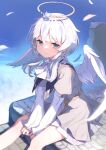  1girl amasora_ia angel angel_wings bangs dress eyebrows_visible_through_hair feathered_wings feathers frills halo highres indie_virtual_youtuber long_hair long_sleeves looking_at_viewer low_twintails ruins shindou_kamichi sitting sky smile solo twintails v_arms virtual_youtuber white_dress white_wings wind wings 