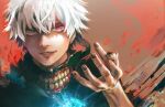  1boy bangs black_nails brown_background glowing grey_eyes hair_between_eyes hand_up heterochromia highres kaneki_ken kyuuba_melo looking_at_viewer male_focus mask mask_removed mouth_mask multicolored_background nail_polish portrait red_background red_eyes short_hair solo teeth_print tokyo_ghoul white_hair 