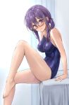  1girl bare_arms bare_legs bare_shoulders barefoot blue_swimsuit blush breasts competition_school_swimsuit covered_nipples glasses hair_between_eyes highres indoors kotatsu_(kotatsu358) large_breasts leg_up looking_at_viewer on_bed one-piece_swimsuit original purple_hair school_swimsuit semi-rimless_eyewear side_ponytail sitting smile solo swimsuit violet_eyes 