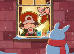 ._. 1boy amesuupu baseball_cap blue_eyes blush brick_wall brown_hair bulbasaur charmander chibi christmas_stocking commentary_request cup drink drinking floating hat holding holding_cup holding_drink looking_outside mew mew_(pokemon) mug pikachu pokemon pokemon_frlg red_(pokemon) red_hat red_scarf scarf short_hair snow snowing snowman squirtle window