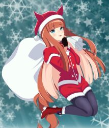  1girl animal_ears black_gloves black_pantyhose blunt_bangs boots capelet from_side gloves hat hime_cut holding holding_sack horse_ears horse_girl horse_tail jacket legs_up long_hair long_sleeves looking_at_viewer official_alternate_costume orange_hair pantyhose red_boots red_capelet red_jacket red_shorts sack santa_costume santa_hat shorts silence_suzuka_(umamusume) solo tail tomiosan umamusume 