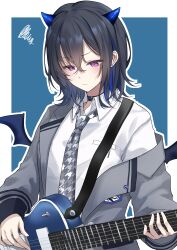  1girl absurdres bat_wings black_choker black_hair blazer blue_horns border choker collared_shirt double-parted_bangs earrings electric_guitar grey_jacket grey_necktie guitar hair_between_eyes highres horns ichinose_uruha ichinose_uruha_(6th_costume) instrument jacket jewelry lupinus_virtual_games medium_hair multicolored_hair necktie school_uniform shirt single_off_shoulder small_horns solo streaked_hair upper_body uri200illust violet_eyes virtual_youtuber vspo! white_border white_shirt wings 
