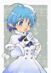  1girl ahoge blue_eyes blue_hair blush breasts coat crescent crescent_hair_ornament gloves hair_ornament hat open_mouth pointy_ears rena_lanford short_hair snow solo star_ocean star_ocean_anamnesis star_ocean_the_second_story winter_clothes winter_coat 