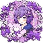  ahoge bangs bernadetta_von_varley blush bow bright_pupils commentary_request eyebrows_behind_hair fire_emblem fire_emblem:_three_houses flower hair_bow hair_flower hair_ornament highres holding holding_stuffed_toy m0fa0 messy_hair purple_bow purple_hair purple_ribbon ribbon short_hair stuffed_animal stuffed_toy teddy_bear violet_eyes white_background 