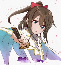  1girl blue_eyes blue_kimono bow brown_hair commentary_request cropped_torso eieisa_(love_live!) falling_petals hair_between_eyes hair_bow half_updo holding holding_sword holding_weapon japanese_clothes katana kimono long_hair long_sleeves looking_at_viewer love_live! love_live!_nijigasaki_high_school_idol_club osaka_shizuku petals ponytail red_bow sidelocks skt_(ryxxxxx) solo sword weapon white_background wide_sleeves 