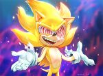  1boy @_@ animal_ears animal_nose artist_name blonde_hair blurry blurry_background body_fur commentary cowboy_shot english_commentary furry furry_male galaxy gloves hands_up happy long_hair male_focus open_mouth red_eyes sharp_teeth signature skeleion smile solo sonic_(series) sonic_the_hedgehog sparkle standing super_sonic tail teeth tongue torn_clothes torn_gloves two-tone_fur uneven_eyes white_gloves yellow_fur 