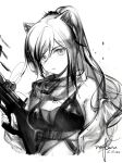  1girl animal_ears arknights bangs bare_shoulders breasts ewig eyebrows_behind_hair eyebrows_visible_through_hair greyscale gun holding holding_gun holding_weapon leopard_ears leopard_girl long_hair monochrome scarf schwarz_(arknights) simple_background solo upper_body weapon white_background 