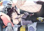  1girl 2wa_(jbum99) absurdres animal_ears armpits backlighting bangs belt_collar black_hair blue_archive blue_eyes bottle breasts collar couch dog_ears dog_tags dog_tail fishnet_legwear fishnets goggles goggles_on_head halo hibiki_(blue_archive) highres looking_at_viewer mortar_shell nut_(hardware) open_mouth pantyhose pillow solo tail v wrench 