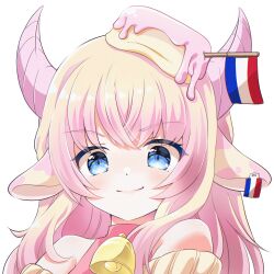 1girl animal_ear_piercing animal_ears bare_shoulders bell blonde_hair blue_eyes borrowed_character closed_mouth commission cow_ears cow_girl cowbell crossed_bangs ear_tag food-themed_hair_ornament french_flag hair_ornament horns light_blush light_smile long_hair looking_at_viewer neck_bell original pink_hair pink_horns pink_shirt portrait second-party_source shirt sidelocks simple_background smile solo transparent_background turtleneck yui_mirano