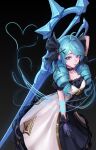 1girl absurdres black_background black_bow black_dress black_ribbon blue_eyes blue_hair bow commentary cowboy_shot dress drill_hair gloves gwen_(league_of_legends) hair_ornament hair_ribbon highres holding holding_scissors holding_weapon league_of_legends long_hair looking_at_viewer mac_star mismatched_pupils purple_gloves ribbon scissors short_sleeves solo twin_drills twintails two-tone_dress weapon white_dress x_hair_ornament