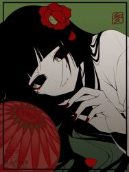  1girl ball black_eyes black_hair blood blood_from_eyes blunt_bangs breasts eyeliner fate/grand_order fate_(series) flower hair_flower hair_ornament highres japanese_clothes kimono komahime_(fate) long_hair long_sleeves looking_at_viewer lying makeup revision small_breasts smile solo very_long_hair wagu_neru white_kimono 