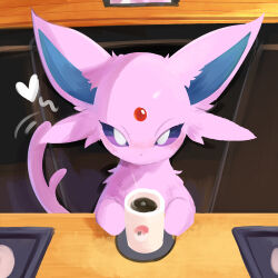  animal_ears bright_pupils cup dappytime espeon forehead_jewel forked_tail heart highres indoors looking_at_viewer mug no_humans pink_fur pokemon pokemon_(creature) pokemon_cafe_remix solo tail violet_eyes white_pupils 