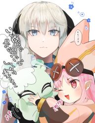  ... 2girls black_bow blue_choker blue_eyes blush bow choker closed_mouth commentary con_(fate) creature expressionless fate/grand_order fate_(series) flower_symbol grey_hair habetrot_(fate) hair_between_eyes hair_bow hat highres holding holding_creature hood hooded_jacket iris_(tb33064667) jacket long_hair long_sleeves looking_at_creature looking_at_viewer morgan_le_fay_(fate) multiple_girls one_eye_closed open_mouth pink_eyes pink_hair pink_hat pink_jacket pointy_ears puffy_long_sleeves puffy_sleeves simple_background smile speech_bubble spoken_ellipsis translation_request upper_body white_background 