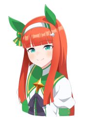  1girl absurdres animal_ears aqua_eyes black_bow black_bowtie blunt_bangs bow bowtie commentary ear_covers hair_ornament hairband hairclip highres hime_cut horse_ears horse_girl long_hair long_sleeves looking_at_viewer orange_hair silence_suzuka_(umamusume) simple_background smile solo tomiosan umamusume upper_body white_background white_hairband 