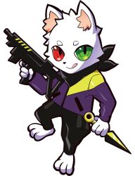 1boy :q animal_ear_fluff anime_coloring artist_request asymmetrical_jacket baggy_pants bandana bandana_around_neck barefoot black_bandana black_nose black_pants cat cat_boy closed_mouth colored_inner_animal_ears crazy_raccoon fewer_digits full_body furry furry_male green_eyes gun heterochromia holding holding_gun holding_kunai holding_weapon jacket kunai long_sleeves looking_at_viewer multicolored_jacket official_art pants pocket purple_jacket purple_sleeves ras_(crazy_raccoon) red_eyes second-party_source slit_pupils smile solo tachi-e thick_eyebrows thick_lineart tongue tongue_out tongue_up transparent_background triangle_nose trigger_discipline two-tone_jacket weapon weapon_request white_cat white_fur yellow_jacket 