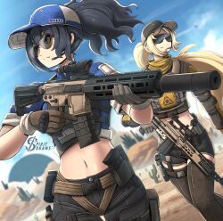  absurdres black_hair blonde_hair gloves gun hat highres holding holding_gun holding_weapon long_hair long_sleeves military multiple_girls open_mouth spiritdraws trigger_(zenless_zone_zero) weapon zenless_zone_zero zhu_yuan 