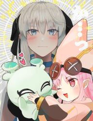  2girls black_bow blue_choker blue_eyes blush bow choker closed_mouth commentary con_(fate) creature fate/grand_order fate_(series) grey_hair habetrot_(fate) hair_between_eyes hair_bow happy_aura hat heart highres holding holding_creature hood hooded_jacket iris_(tb33064667) jacket light_smile long_hair long_sleeves looking_at_creature looking_at_viewer morgan_le_fay_(fate) multiple_girls one_eye_closed open_mouth pink_eyes pink_hair pink_hat pink_jacket pointy_ears puffy_long_sleeves puffy_sleeves smile sparkle translated upper_body 
